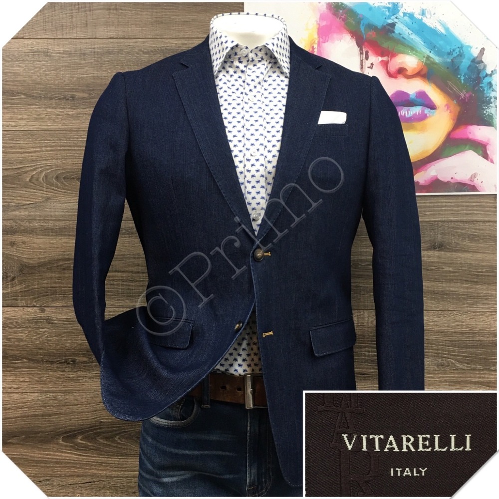 VITARELLI Mens Denim Blazer Sport Coat Casual Jacket Size 40R Classic Blue Suit